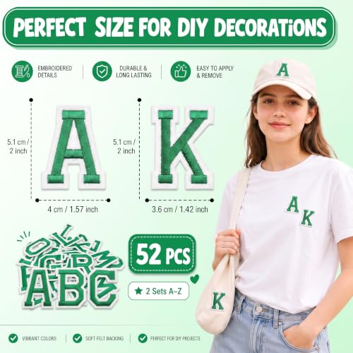 Jongdari Iron on Letters, 52 Pcs Alphabet Patches with Ironed Adhesive, Decorate Repair Patches for Shirts Jackets Hats Jeans Shoes Bags(Green) - color: Green, size: 52 Letters