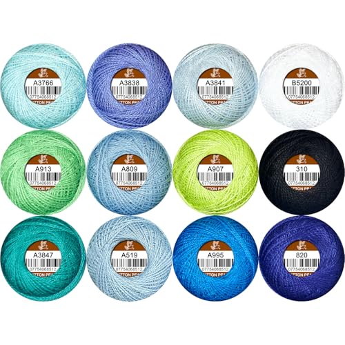 Double Mercerized Egyptian Long Staple Cotton Pearl Thread Ball 10 Grams Rainbow Color Embroidery Thread 12 Colors per Box for Crochet Hardanger Cross Stitch Hand Embroidery,Bluegreen Series - color: bluegreen series
