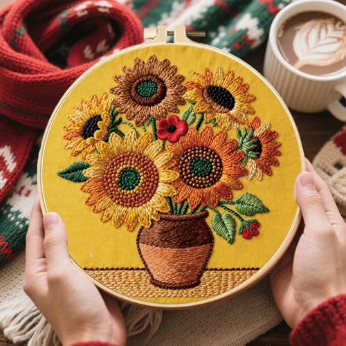 FREEBLOSS 5 Sets Embroidery Kit for Beginners Needlepoint Embroidery Starter Kit with Oil Painting Style Stamped Patterns, Instructions, Colored Threads, 2 Hoops 11.6"/29.5cm