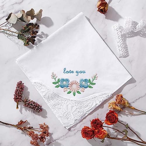 HOULIFE Lace Handkerchiefs for Women Pack, Ladies White Cotton Hankies with Flower Embroidery Lace Edge for Wedding Party