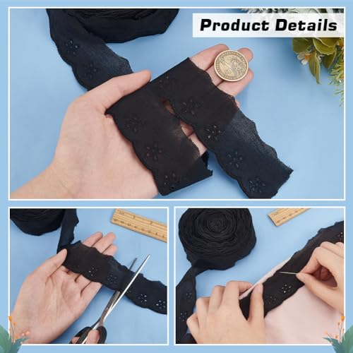 FINGERINSPIRE 15 Yards Cotton Lace Trim 1-5/8 inch Black Cotton Eyelet Lace Ribbon Floral Embroidery Ruffle Lace Trim Wavy Edge Floral Cotton Lace Ribbon for Sewing Dresses Clothes Bag Pets Clothes - color: Black