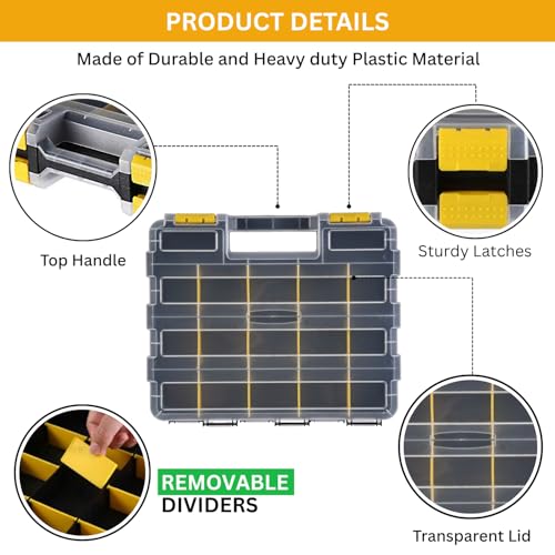 Andalus Tools Organizer Box, Small Parts Storage 34-Compartment Double-Sided Portable Hardware Organizer Removable Plastic Dividers for Screws, Nuts, Bolts, Nails – Yellow (2 Pack, 12.5" x 10.5" x 3") - color: Yellow, size: 2 Pack