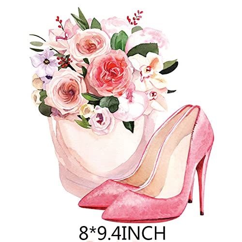 Flower Iron on Decals Patches Mother’s Day Iron on Transfers Sticker Floral High Heels Butterfly Design Washable Hot Heat Transfer Vinyl Stickers T-Shirt Backpacks Families Clothing DIY Applique