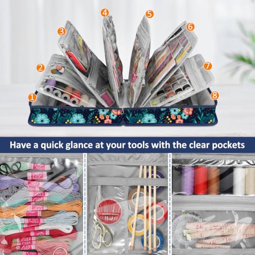 FINPAC Sewing and Craft Supplies Storage Tote Bag with Clear Pockets - color: Navy Bloom