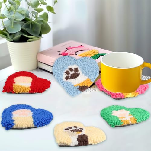 AIRDEA Punch Needle Drink Coasters Kit,Casual Punch Needle Embroidery Complete Kits for Beginner 3.29x3.29 Inches,Included All Accessories,DIY Car Coasters (Box-red Blue Beige) - color: Box-red blue beige