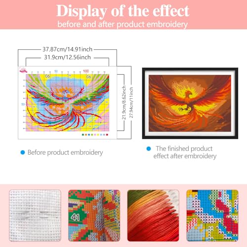Zhenqing Fire Phoenix Stamped Cross Stitch Kit for Beginners, 11CT Printed Full Coverage Mythical Bird Pattern, 28 x 38 cm DIY Fantasy Embroidery Needlework Set, No Hoop Needed - color: Phoenix Rising in Flame