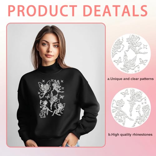 5 Pcs Fairy Pattern Iron on Rhinestones Transfer, Bling Crystal Clothing Repair Applique Heat Transfer Patches for T-Shirt Vest Shoes Hat Jacket Pants Bags Decor - color: Fairies