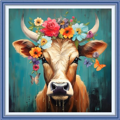 Findvoor Stamped Cross Stitch Kits for Beginners Full Range of Cross Stitching Embroidery Pattern for Adults, 11CT DIY Needlepoint Embroidery Starter Kits-Colored Cow Flower 17.7x17.7 inch - color: StampedKits 23