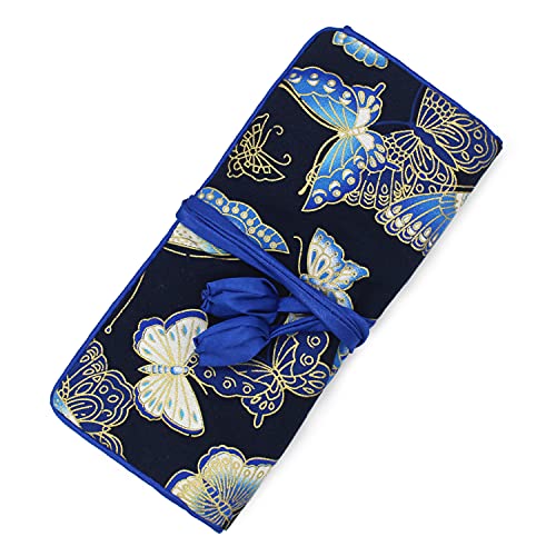 SmilerSmile Jewelry Travel Bag Embroidery Travel Jewelry Organizer with Tie Close Embroidered Flower Jewelry Roll for Women Girls (Butterfly/D Blue) - color: 01 D Blue