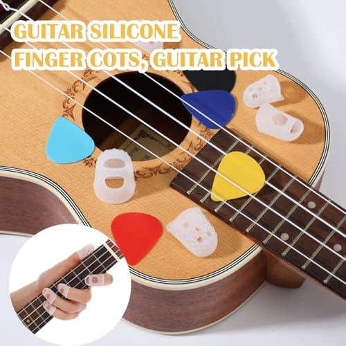 50 Pcs Guitar Fingertip Protectors, 5 Sizes Silicone Finger Tips Protectors with 10 Picks for Acoustic Electric Guitar Ukulele Banjo Mandolin, Reusable Practice Kit