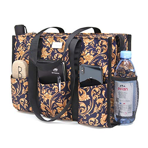 TOPDesign Utility Water Resistant Tote Bag with 13 Pockets, Zipper Closure - color: Baroque Gold, size: Medium
