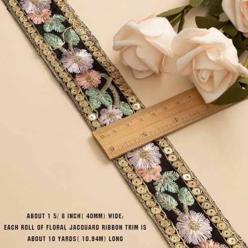 10 Yards Black Floral Jacquard Ribbon Boho Gold Metallic Flower Embroidered Fabric Ribbons Sequin Embroidery Woven Applique Trim Tape for Sewing Making Crafts Christmas Dress Clothes Wedding - color: Black