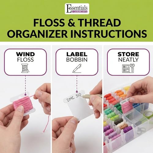 Essentials By Leisure Arts Embroidery Floss Organizer Box with 50 Bobbins, 17 Compartment Clear Storage Case with Living Hinge, Tangle Free Floss Storage, 10.63 x 7.19 x 1.75 Inch