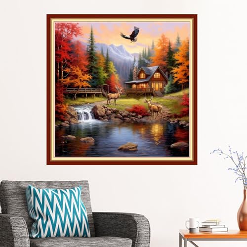 Redxing Stamped Cross Stitch Kits - Beach Night Landscape Counted Cross Stitch Kits for Beginners Adults Needlepoint Cross-Stitch Patterns-House Elk 18x18 inchs - color: ArtsKit24