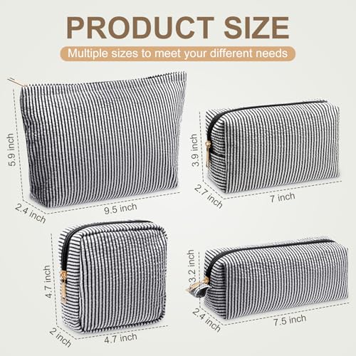 Sanwuta 4 Pcs Seersucker Pouch Striped Makeup Bag Set, Black - color: Black