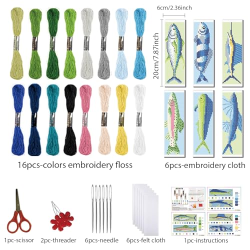 FREEBLOSS 6 Set Cross Stitch Bookmark Kits 11CT 8"x2.4" Fish - style: Fish