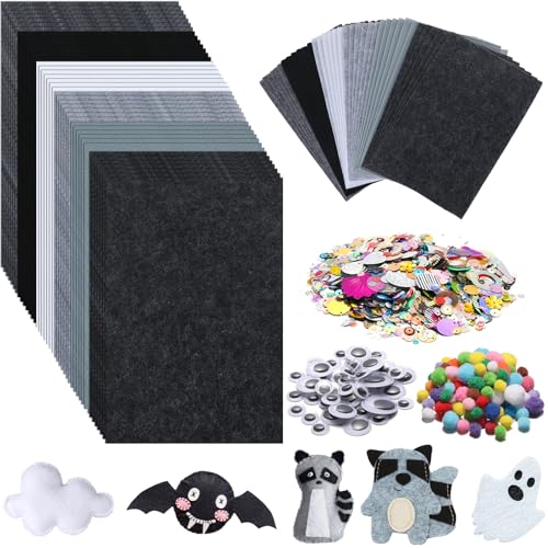 42Pcs Black Gray Fabric Sheets 8 x 12 Inch Assorted Soft Black Gray White Thick Felt Pack with Wiggle Google Eyes Pom Poms Glitter Patchwork Craft Supply for DlY Sewing Creative Art Project Decor - style: Black Series