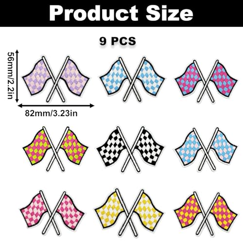 9PCS Checkered Flag Iron On Patches, Racing Embroidered Appliques - color: Checkered Racing Flag