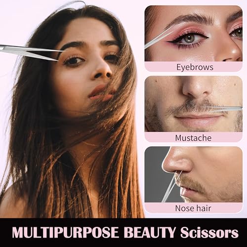 2 Pcs Eyebrow Scissors, 3.5 Inch Pink Stainless Steel Straight Tip - color: Pink