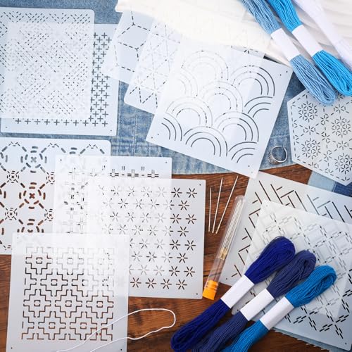 Booson 37 Pcs Sashiko Thread Kit Sashiko Needles Cotton Thimble Patterns - color: Blue