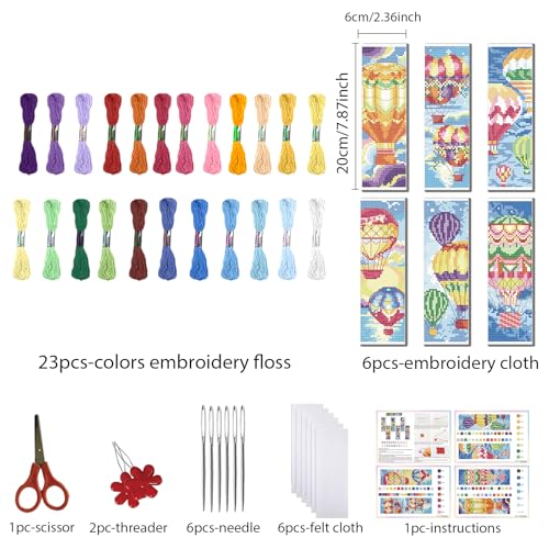 FREEBLOSS 6 Set Cross Stitch Bookmark Kit 11 CT Stamped Cross Stitch Kit DIY Embroidery Bookmark Kits for Adult Beginners with Instructions, Hot Air Balloon, 6 x 20 cm/8" x 2.4" - style: Hot Air Balloon