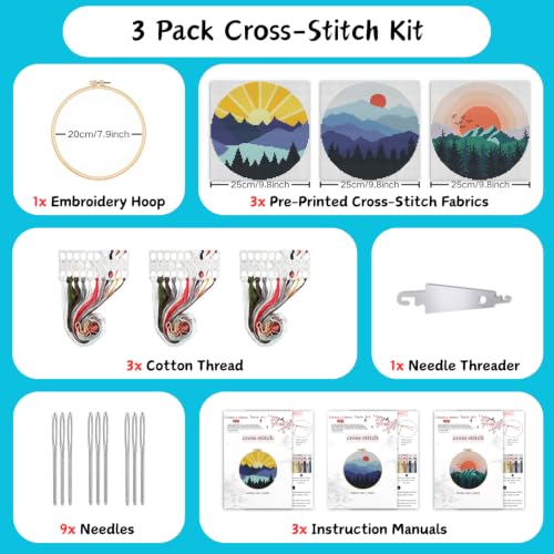 3 Pack Landscape Stamped Cross Stitch Kits for Beginners,with Hoop 8x8in - color: Landscape