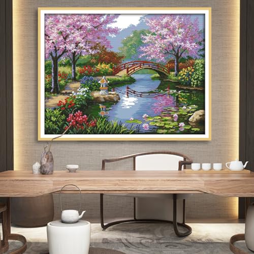 Rosyfoxes Cross Stitch Kits Stamped Full Range of Embroidery Starter Kits for Adult DIY 14CT 2 Strands - Printed kit The Beautiful Scenery of Park(Printed) 21.7x16.9 inches - color: The beautiful Scenery of Park(printed)21.7x16.9inches