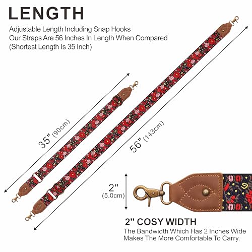 Nefelibata Banjo Strap,2"Wide Double Crazy Horse Leather Jacquard Embroidery Strap Adjustable Replacement,Multi-pattern Strap With Metal Clips - color: A#-pink Embroidery