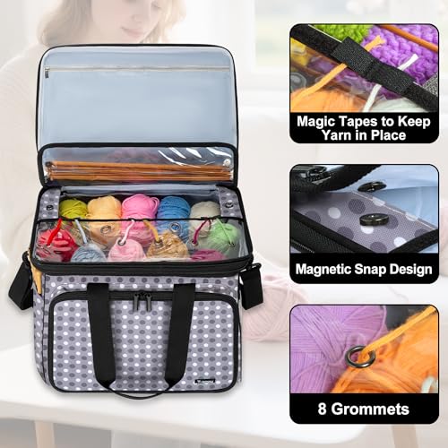 Teamoy Crochet Bag Knitting Bag Yarn Storage Tote, Yarn Organizer, Gray Dot - color: Gray Dots