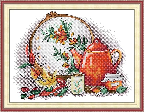 CaptainCrafts Counted Cross Stitch Kits for Adults Tea Pattern - color: Cross Stitch and Afternoon Tea in Autumn, style: Counted 14CT