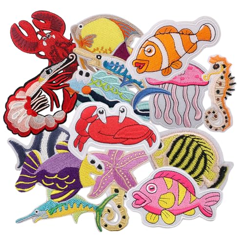 16pcs Sea Animal Iron/Sew on Patches, Cute Fish Embroidered Applique, Ocean Beach Decration for Clothes, Hat, Bag, Jeans, Dress, Shirt - color: 16pcs Sea Animal