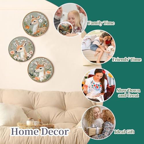 FONNUY Printed Deer and Floral Embroidery Kit with Hoop, Cross Stitch Kits for Beginners, Handmade Crafts, Easy to Follow Color Thread Needlework, 8'' Hoop (Floral Whispers Deer Listening) - color: Floral Whispers Deer Listening
