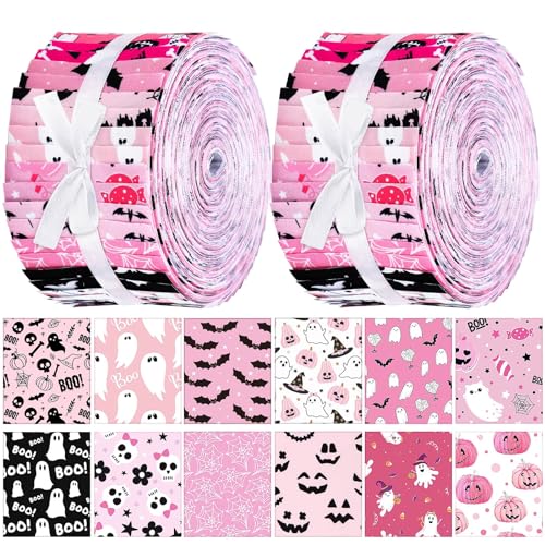 Hosuly 40 Pcs Cute Pink Halloween Fabric Jelly Quilting Bat Strips Roll - color: Pink Halloween