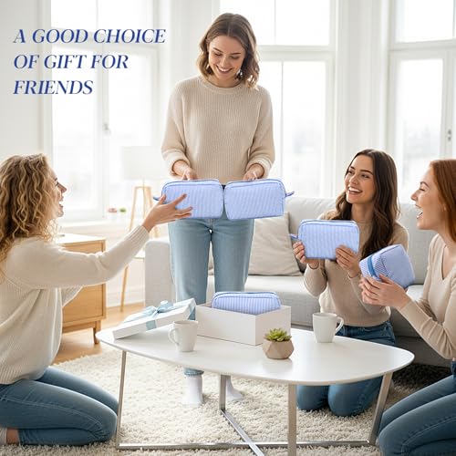 Sanwuta 10 Pcs Seersucker Cosmetic Bag Seersucker Makeup Bag Women Stripe Large Travel Toiletry Organizer Preppy Storage Pouch for Embroidery Wedding Bridesmaid Bride Mom (Navy Blue) - color: Navy Blue