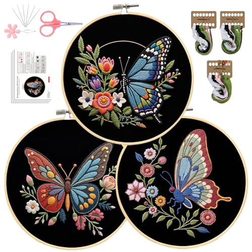 Santune Embroidery Kit Needlepoint Cross Stitch Kits for Beginners Adult Needle Point Sets with Butterfly Embroidery Patterns, Includes Step-By-Step Instructions and Accessories - color: Butterfly & Flower Series