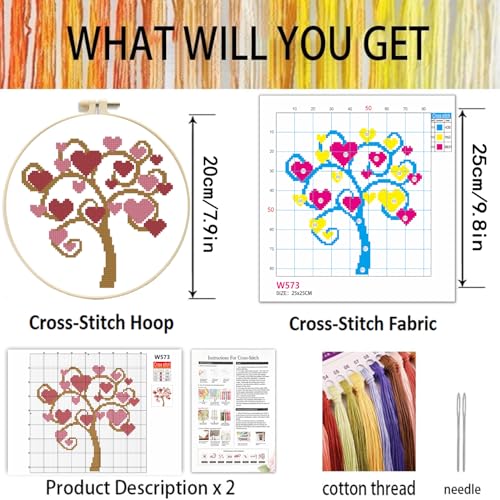 TCDZMYGS Stamped Cross Stitch Kits for Beginners-Tree of Love,with Hoop - color: Love Tree-2603