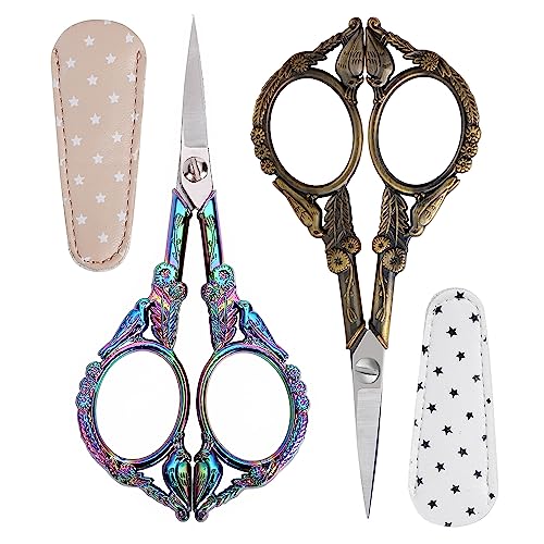 Crochet Scissors with Cover – Vintage Small Embroidery Scissors, Sharp Sewing Scissors for Yarn Thread Craft Needlework, Pretty Gift for Crocheter Quilter, 4.6 Inch 2 Pack - color: Rainbow&bronze