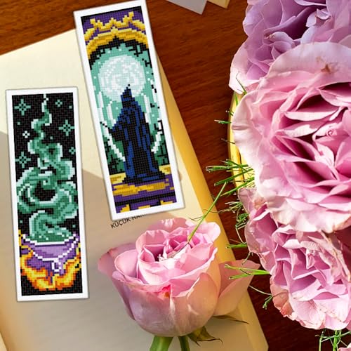 BEUNITONE 6 Pcs Cross Stitch Bookmark Kit for Beginner Magic Stamped Cross Stitch Kit for Adults Printed Embroidery Bookmarks Kits with Instruction for DIY Crafts Book Lovers 8.5''x3'' - style: Magic Element