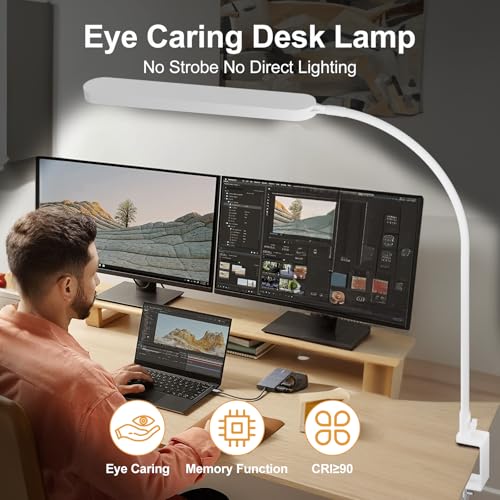 SKYLEO Led Desk Lamp - 33.5" Desk Light - Flexible Gooseneck - 5 Color Modes X 11 Brightness Levels - 1300LM - Timmer & Memory Function - 12W Clip on Light - White - style: White gooseneck