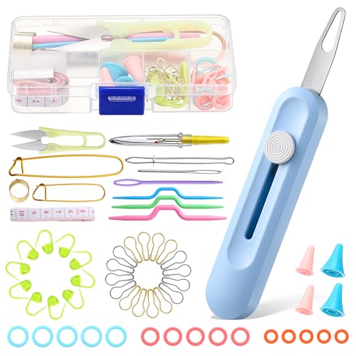 Gulfmew All in One Knitting Kit with Automatic Needle Threader, Sewing Accessories Set with Scissors, Stitch Markers & Portable Storage Case, Easy Threading Tool for Beginners, Crochet & DIY Crafts