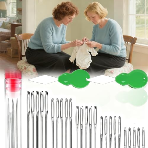 ‌50pcs Hand Sewing Needles Stainless Steel, 5 Sizes Large Eye Sharp Needles, Leather Needle Embroidery Thread with Threaders for Handsewing Art Crafts - size: 50