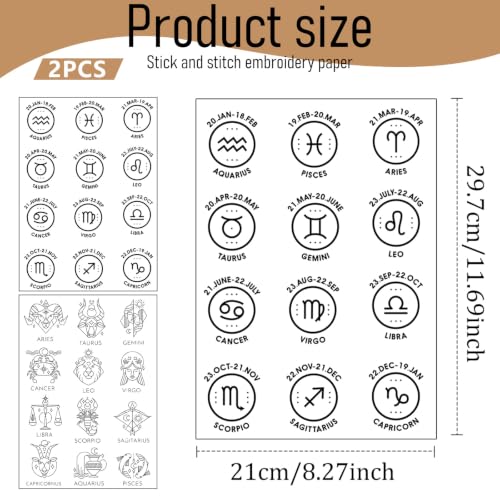VISSTREE Water Soluble Embroidery Patterns, Zodiac Stick and Stitch Paper - size: Zodiac