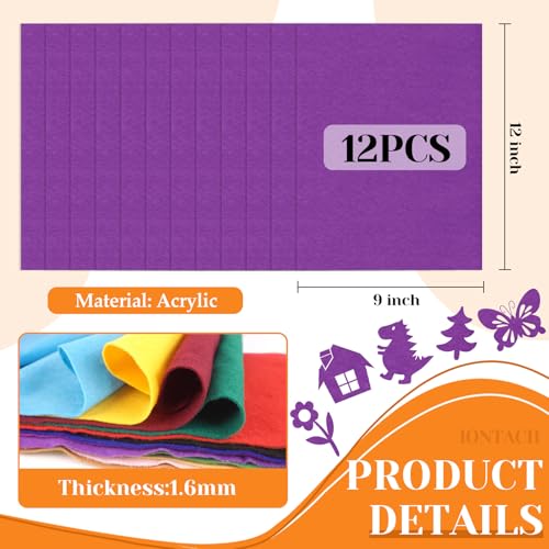 IONTACH 9" X 12" Felt Fabric Sheets 1.6mm Thick (12 Packs, Purple) - color: Purple