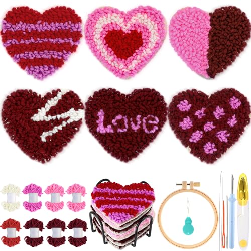 Yaomiao 6 Pcs Valentine's Day Punch Needle Coaster Kit Embroidery Kits Punch Needle Set Craft Supplies with Patterns Yarns Tools Adhesive Felt Embroidery Hoop Instruction Holder for DIY - style: Heart