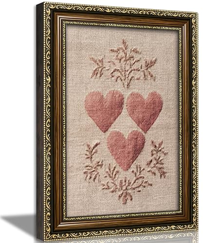 PZBPIUY Vintage Framed Heart Canvas Wall Art, Pink Textured Print - color: Pink Heart, size: 16"L x 12"W
