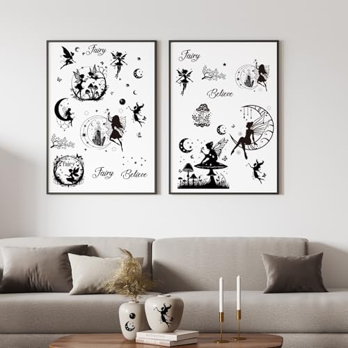 Fairy Silhouettes Rub on Transfers for Crafts - Wxiben 16 Sheets Mushroom Rub on Transfers for Furniture Butterfly Moon Fairy Rub on Transfer Decal Stickers for Wood DIY Craft Office Home Decor - style: Fairy Silhouettes