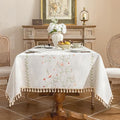 Alsoo Rectangle Tablecloth 55" x 106", Spring Pink Embroidered Table Cloth with Tassels, Farmhouse Rustic Linen Style, Heavy Weight Wrinkle & Spill Resistant Table Cover for Dining Kitchen & Party - color: Pink Flower, size: 106" x 55" (Rectangular)