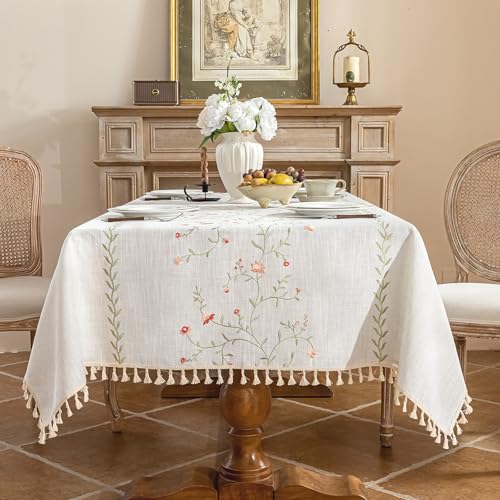Alsoo Rectangle Tablecloth 55" x 106", Spring Pink Embroidered Table Cloth with Tassels, Farmhouse Rustic Linen Style, Heavy Weight Wrinkle & Spill Resistant Table Cover for Dining Kitchen & Party - color: Pink Flower, size: 106" x 55" (Rectangular)
