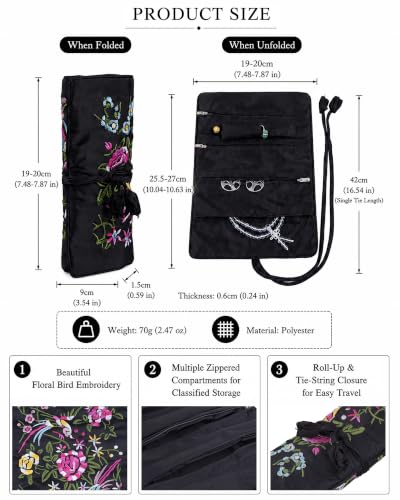 TUMBEELLUWA Embroidery Travel Jewelry Bag Roll Embroidered Flower and Bird Brocade Organizer with Tie Close - color: #3 Black