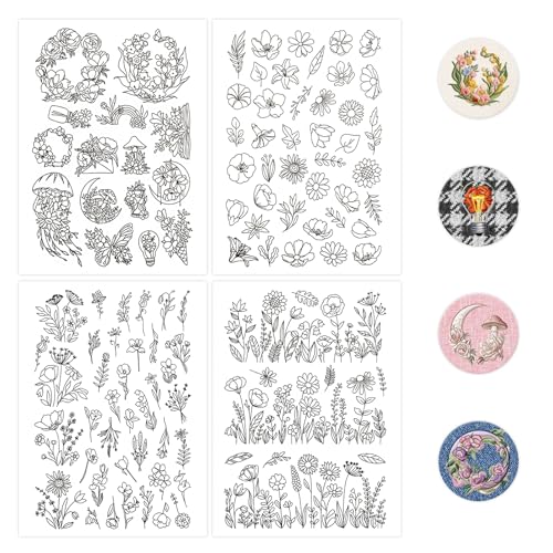 4 Sheets Stick & Stitch Water Soluble Embroidery Paper — Pre-Printed Floral Transfer Patterns, Wash-Away Stabilizer for Hand Embroidery, Beginners, Sewing & Fabric Crafts